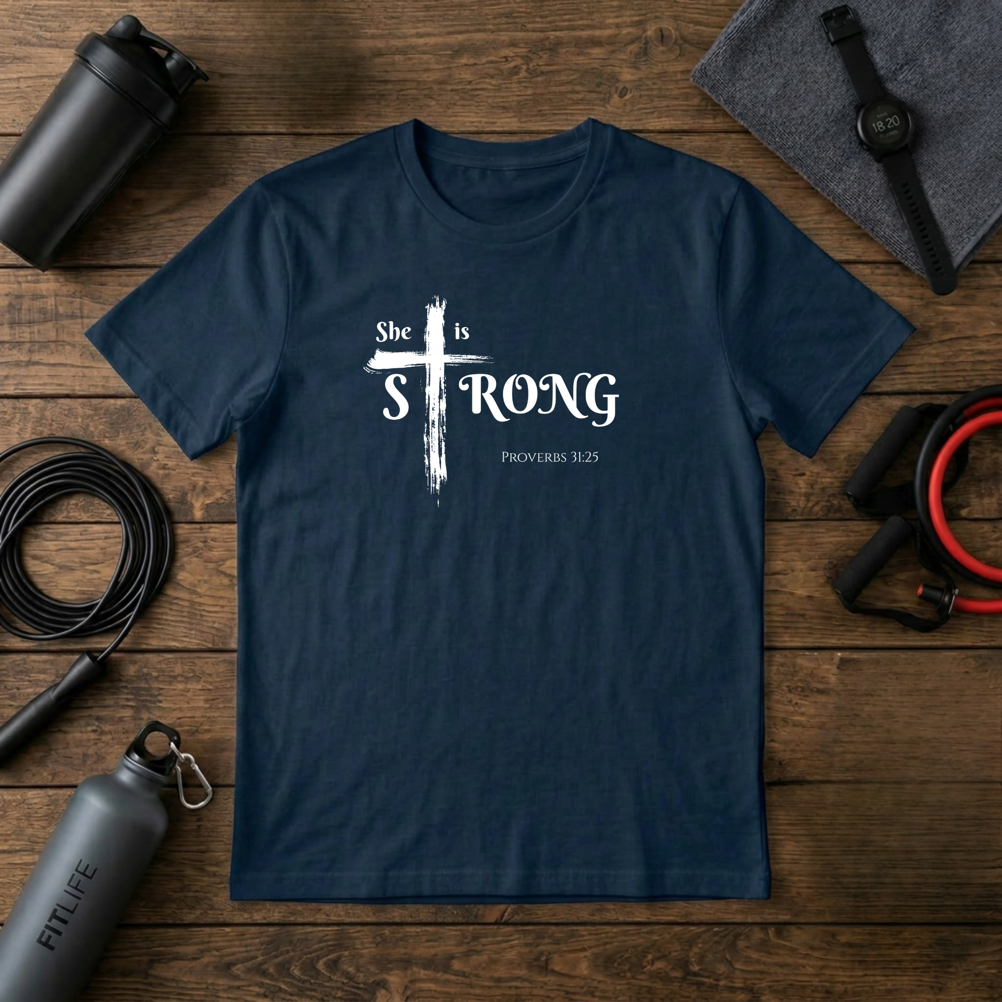 She Is Strong – Proverbs 31:25 Cross T-Shirt