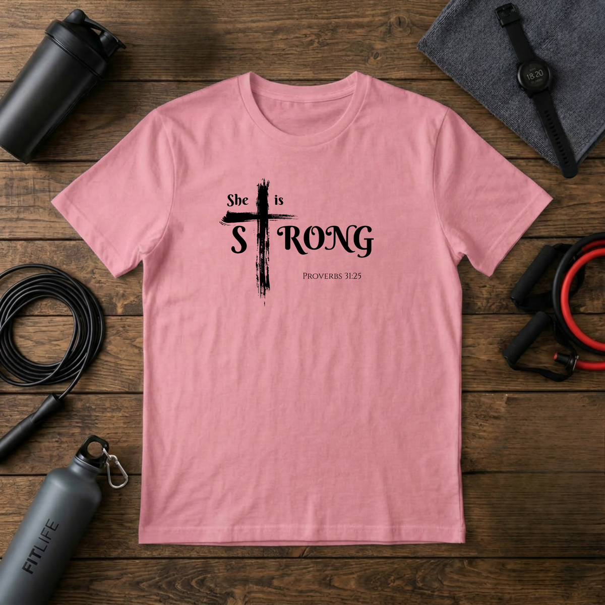 She Is Strong – Proverbs 31:25 Cross T-Shirt