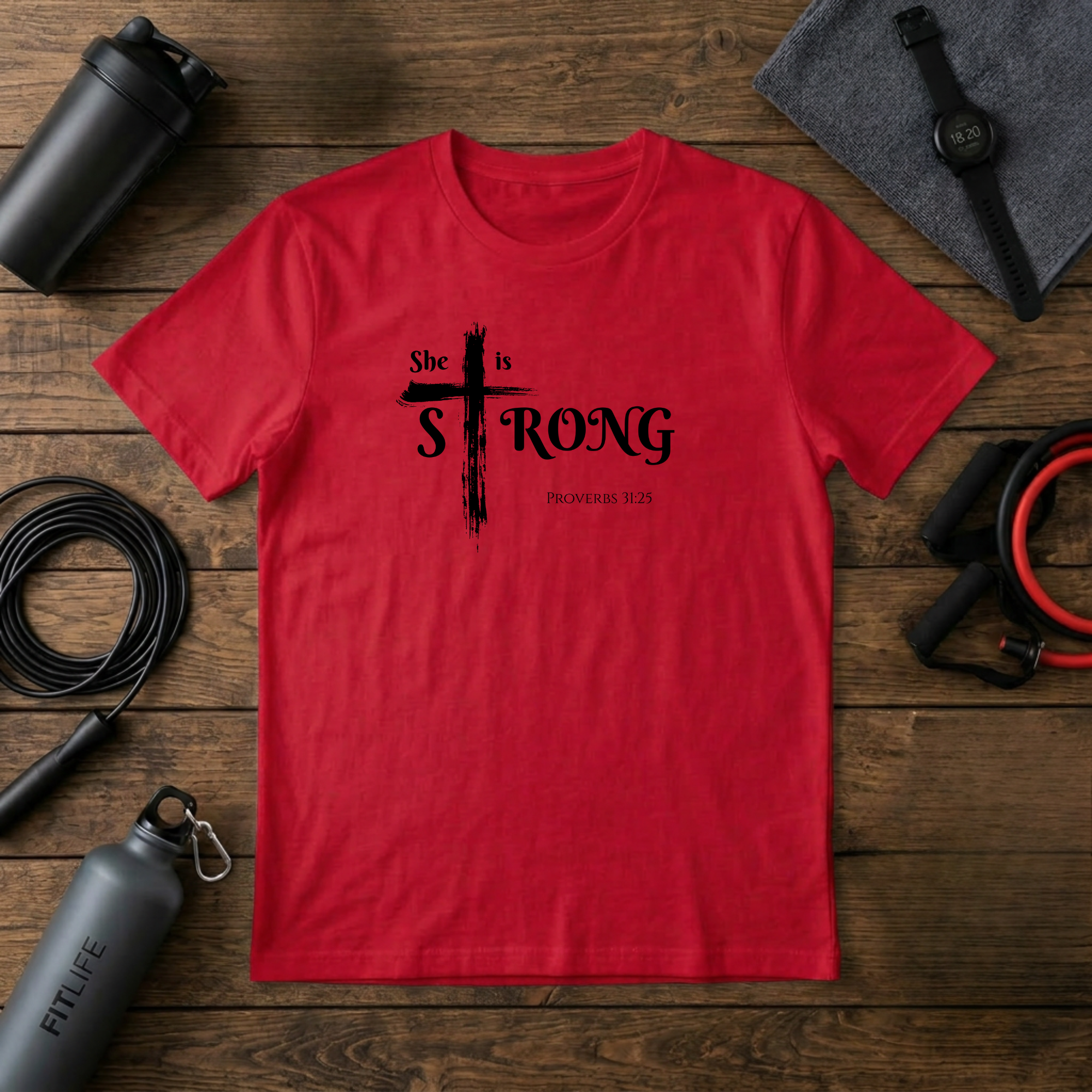 She Is Strong – Proverbs 31:25 Cross T-Shirt