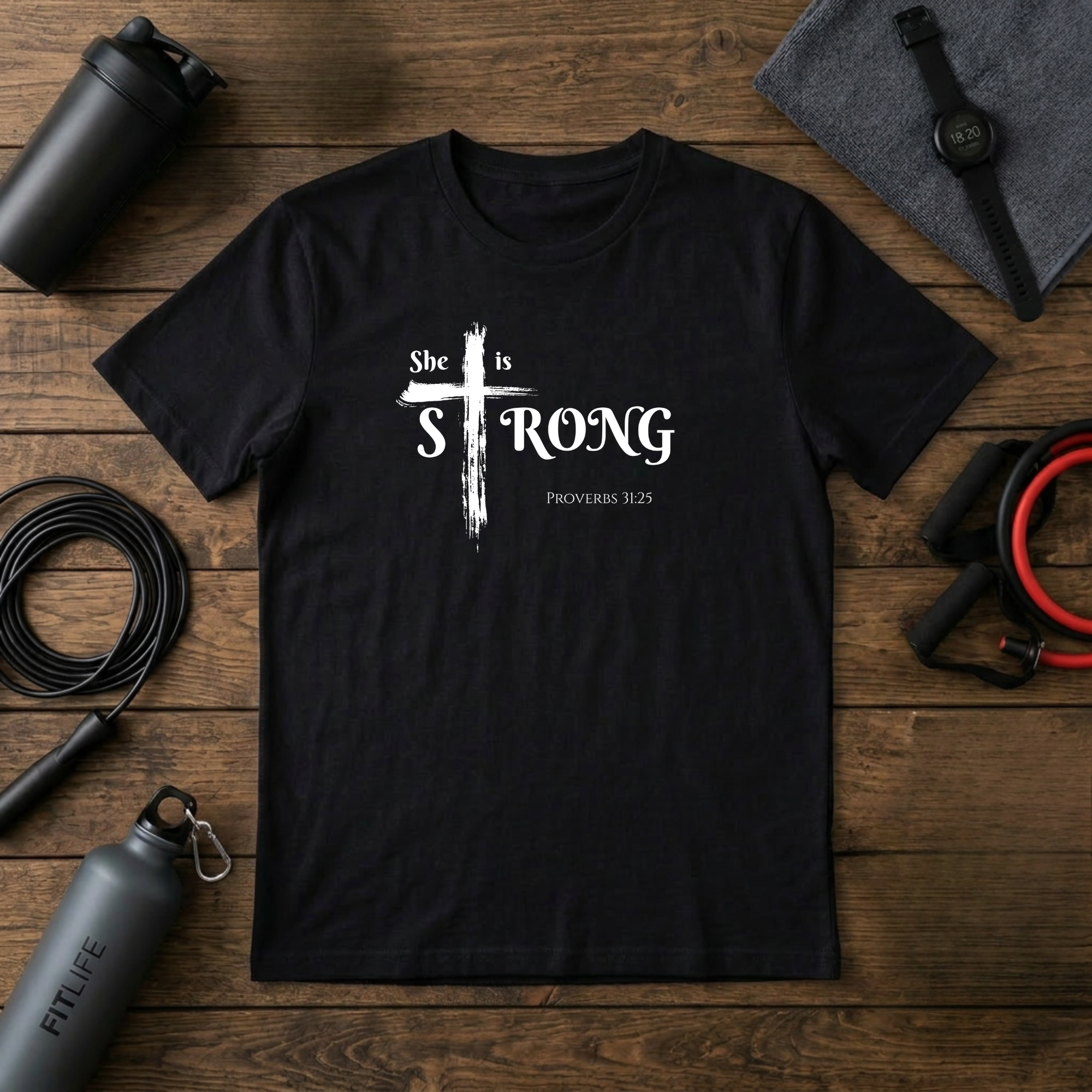 She Is Strong – Proverbs 31:25 Cross T-Shirt