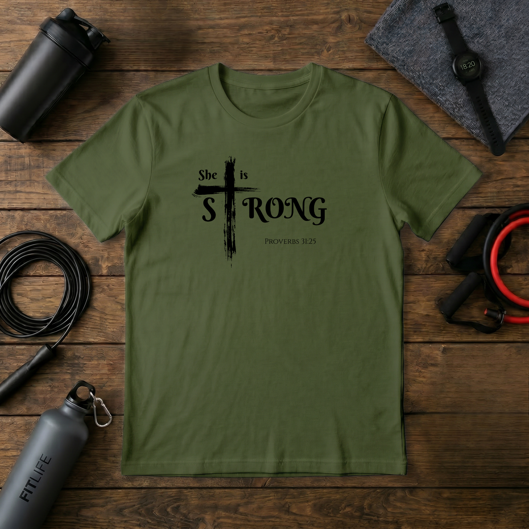 She Is Strong – Proverbs 31:25 Cross T-Shirt