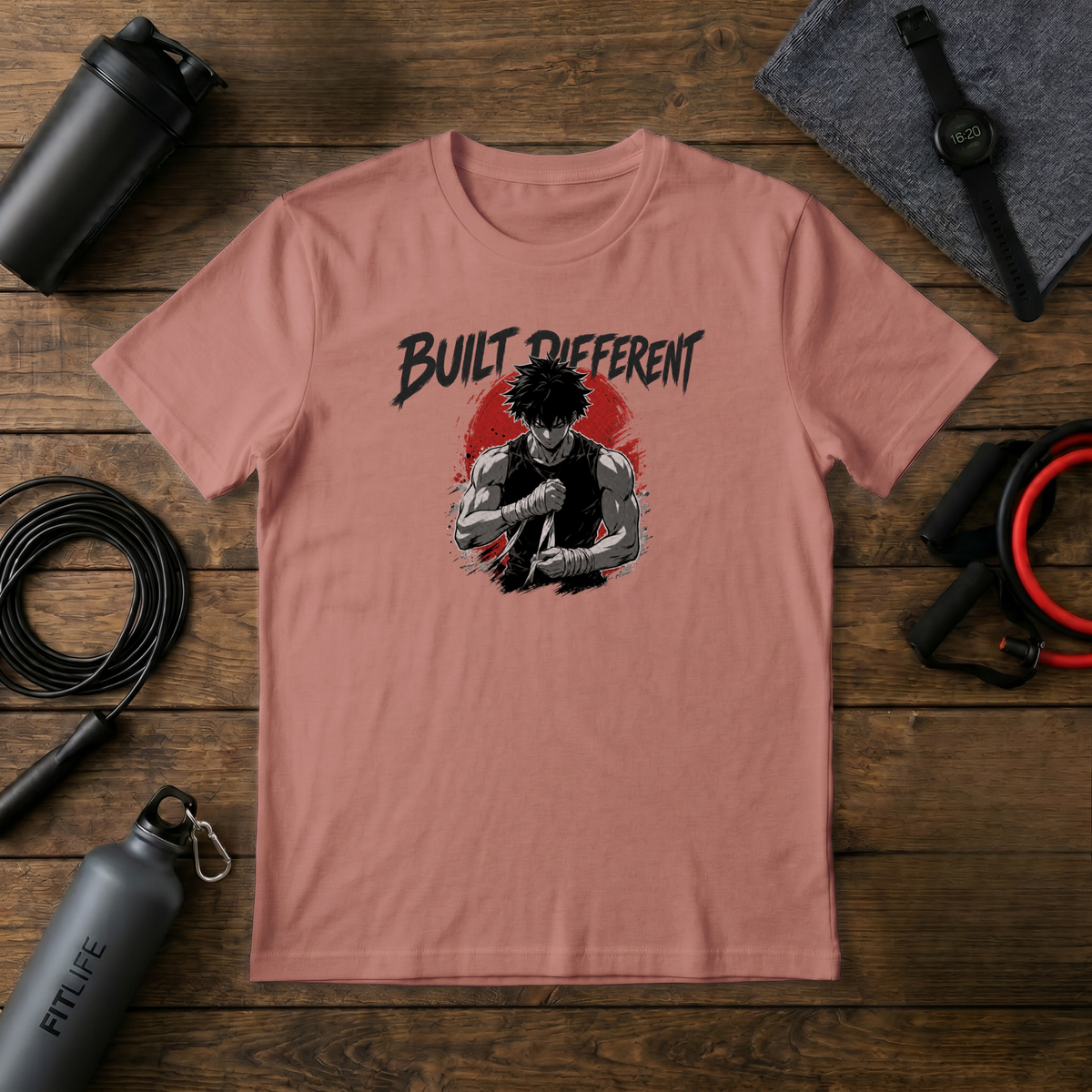 Built Different T‑Shirt — Graphic Crew Tee with Motivational Anime-Style Design