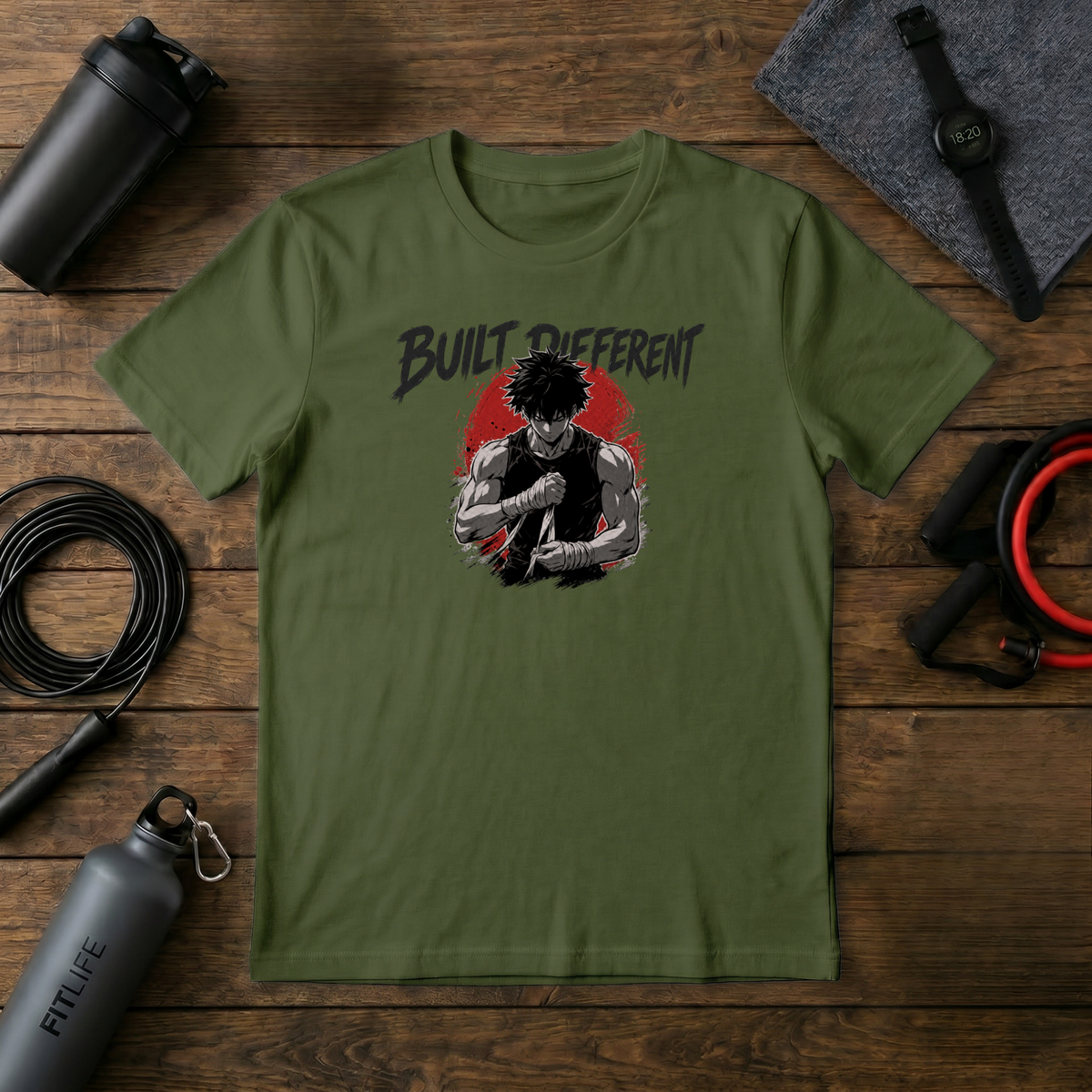 Built Different T‑Shirt — Graphic Crew Tee with Motivational Anime-Style Design